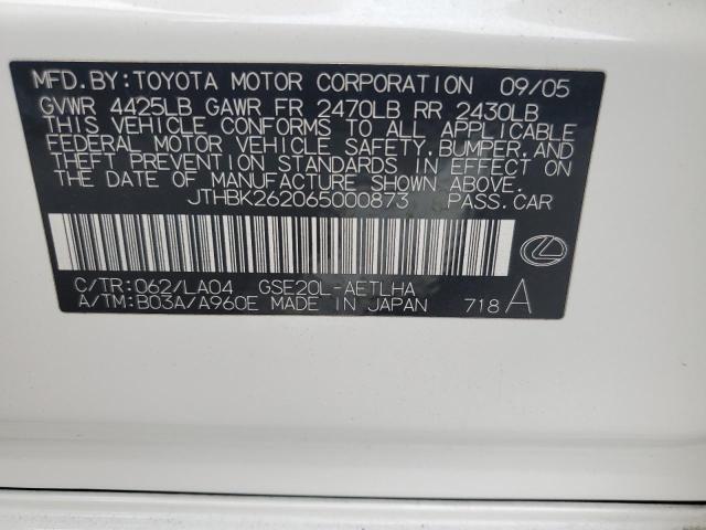 JTHBK262065000873 - 2006 LEXUS IS 250 WHITE photo 12