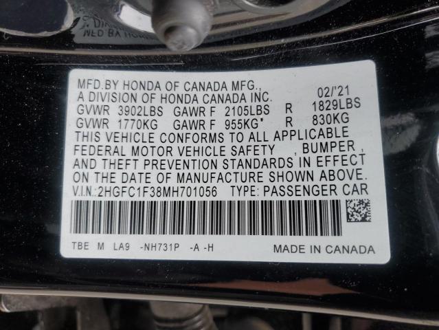 2HGFC1F38MH701056 - 2021 HONDA CIVIC EX BLACK photo 12