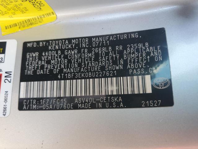 4T1BF3EK0BU227621 - 2011 TOYOTA CAMRY BASE SILVER photo 12