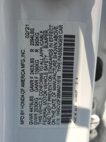 1HGCV2F38MA011518 - 2021 HONDA ACCORD SPORT WHITE photo 12