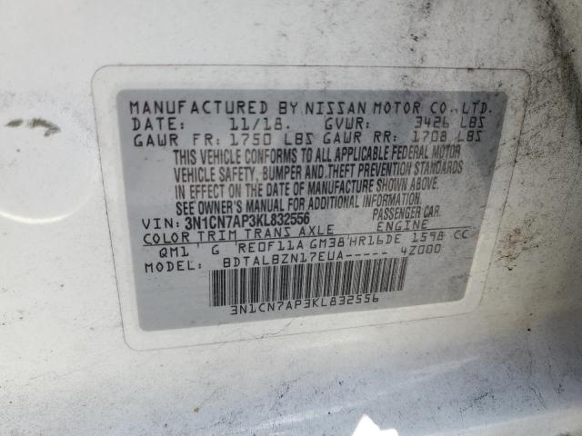 3N1CN7AP3KL832556 - 2019 NISSAN VERSA S 白色 照片 12