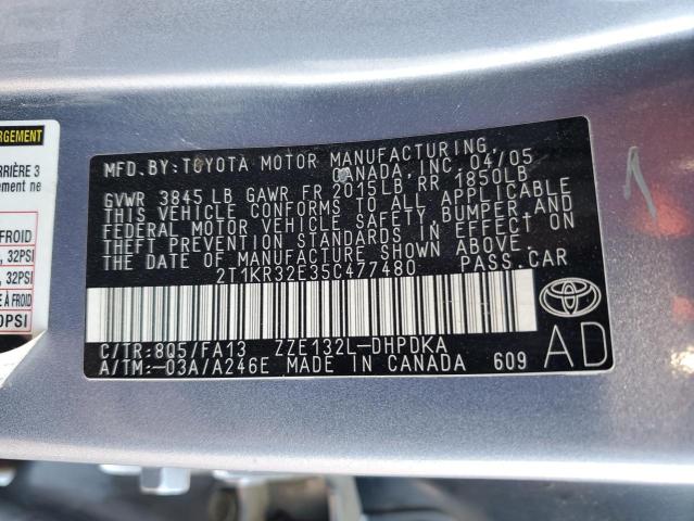 2T1KR32E35C477480 - 2005 TOYOTA COROLLA MA XR GRAY photo 12