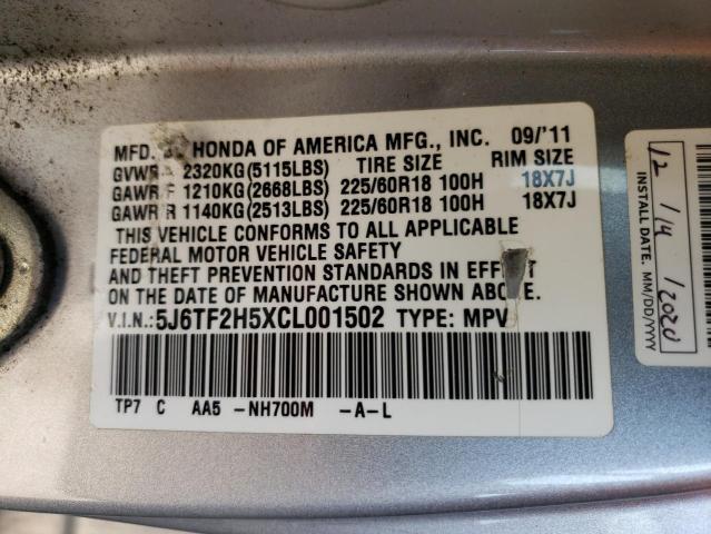 5J6TF2H5XCL001502 - 2012 HONDA CROSSTOUR EXL SILVER photo 12