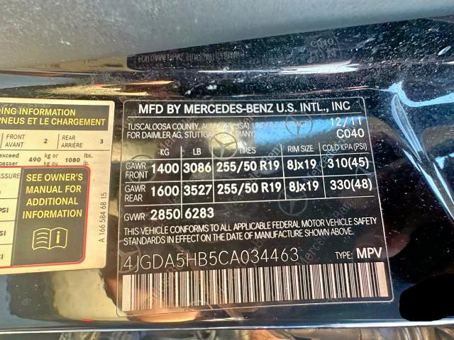 4JGDA5HB5CA034463 - 2012 MERCEDES-BENZ ML 350 4MATIC BLACK photo 10