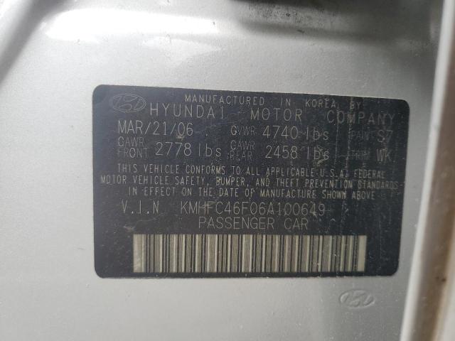 KMHFC46F06A100649 - 2006 HYUNDAI AZERA SE SILVER photo 12