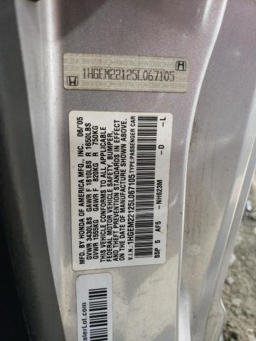 1HGEM22125L067105 - 2005 HONDA CIVIC DX VP فضي صورة 12