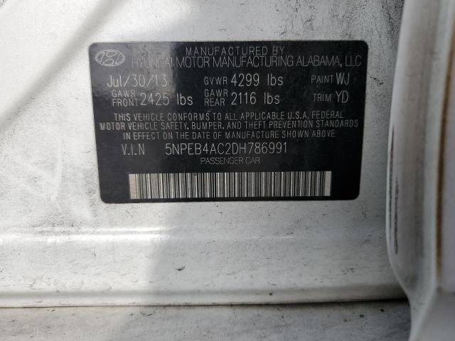 5NPEB4AC2DH786991 - 2013 HYUNDAI SONATA GLS WHITE photo 12