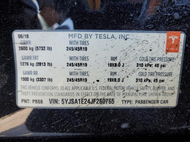 5YJSA1E24JF260765 - 2018 TESLA MODEL S შავი ფოტო 12