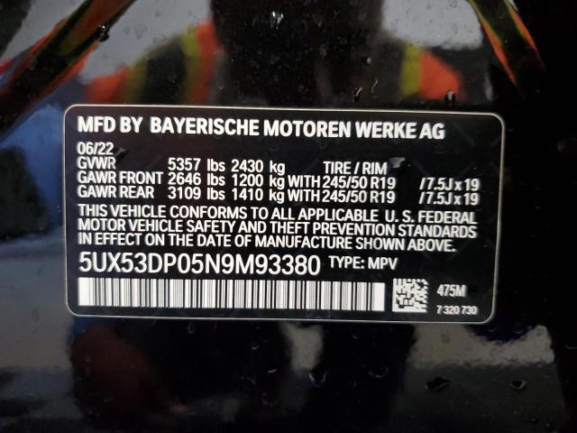 5UX53DP05N9M93380 - 2022 BMW X3 XDRIVE30I BLACK photo 13