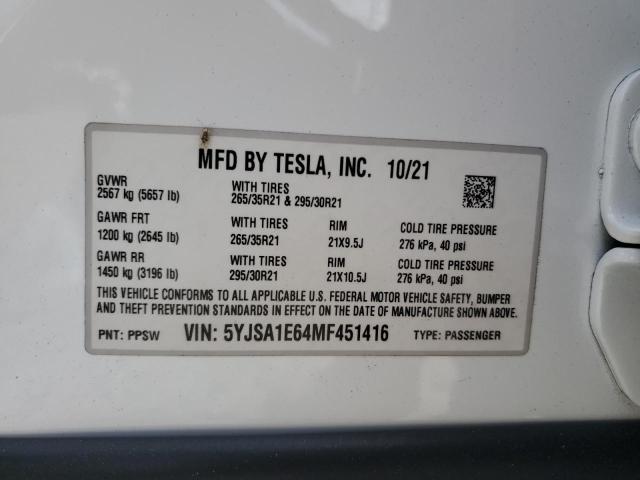 5YJSA1E64MF451416 - 2021 TESLA MODEL S Սպիտակ լուսանկար 12