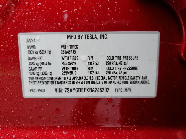 7SAYGDEEXRA248202 - 2024 TESLA MODEL Y RED photo 12