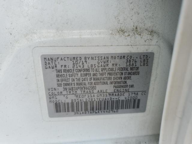 3N1AB7AP6KY442960 - 2019 NISSAN SENTRA S WHITE photo 12