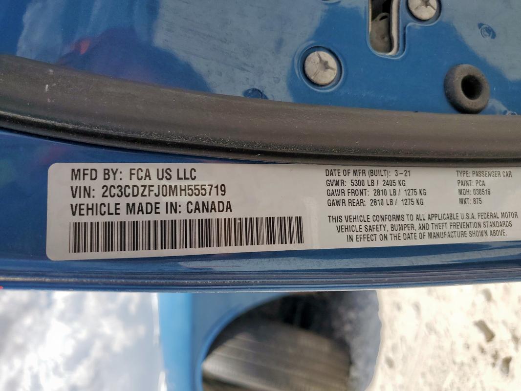 2C3CDZFJ0MH555719 - 2021 DODGE CHALLENGER R/T SCAT PACK BLUE photo 12