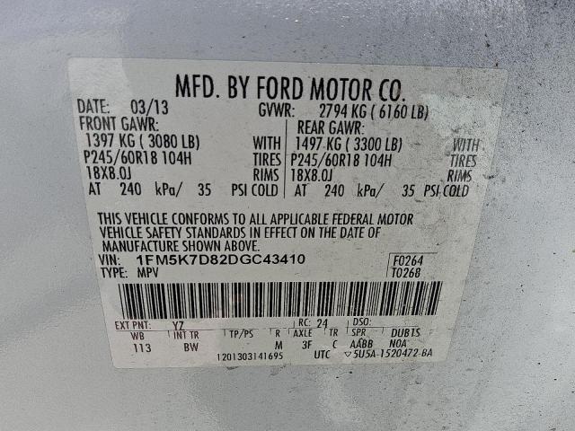 1FM5K7D82DGC43410 - 2013 FORD EXPLORER XLT WHITE photo 13