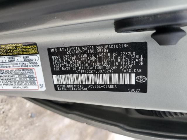 4T1BE32K75U978212 - 2005 TOYOTA CAMRY LE GRAY photo 12