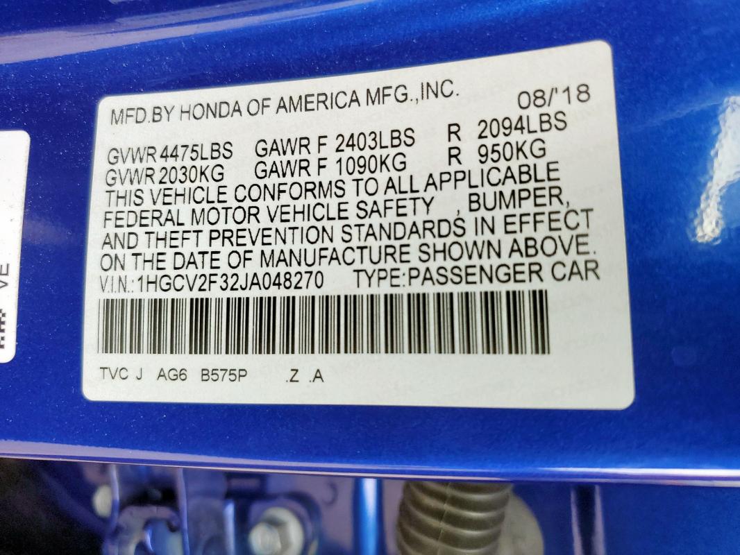 1HGCV2F32JA048270 - 2018 HONDA ACCORD SPORT Bleu photo 12