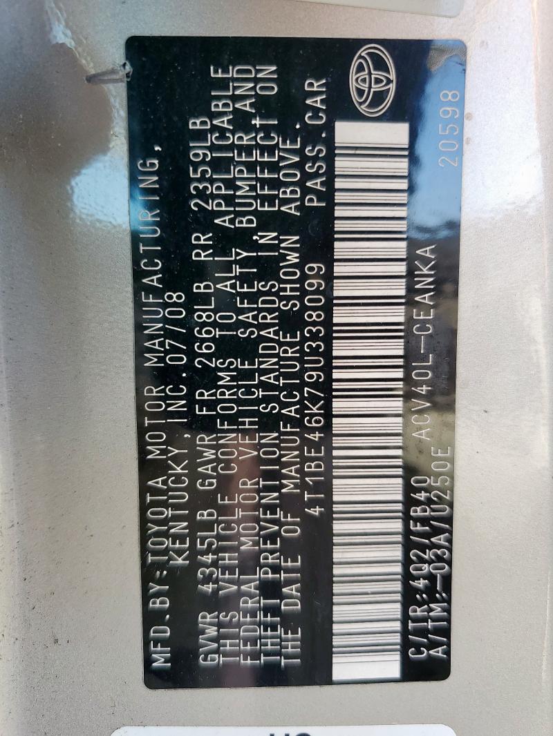 4T1BE46K79U338099 - 2009 TOYOTA CAMRY BASE GOLD photo 12