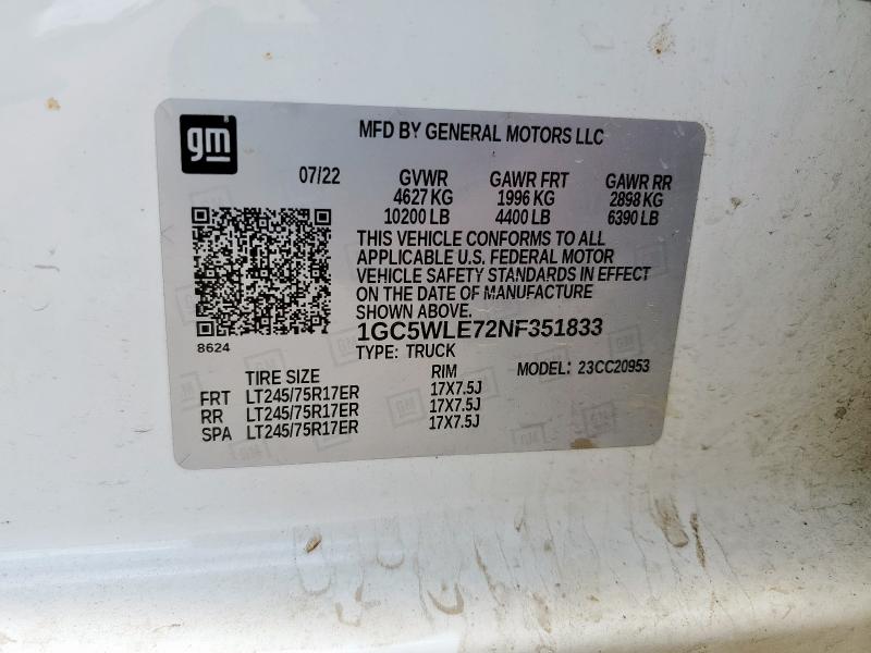 1GC5WLE72NF351833 - 2022 CHEVROLET SILVERADO C2500 HEAVY DUTY WHITE photo 12