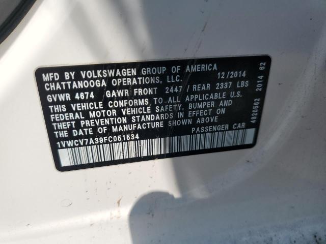 1VWCV7A39FC051534 - 2015 VOLKSWAGEN PASSAT SEL WHITE photo 12