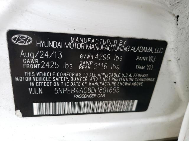 5NPEB4AC8DH801655 - 2013 HYUNDAI SONATA GLS WHITE photo 10