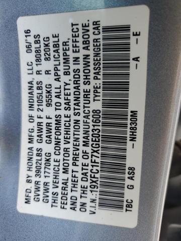 19XFC1F7XGE031608 - 2016 HONDA CIVIC EXL Argent photo 12
