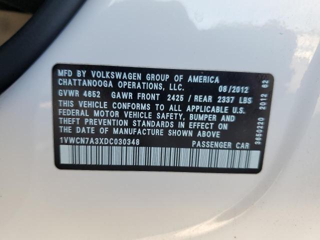 1VWCN7A3XDC030348 - 2013 VOLKSWAGEN PASSAT SEL WHITE photo 12