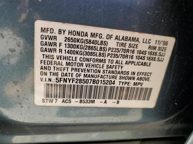 5FNYF28507B015204 - 2007 HONDA PILOT EXL TEAL photo 13