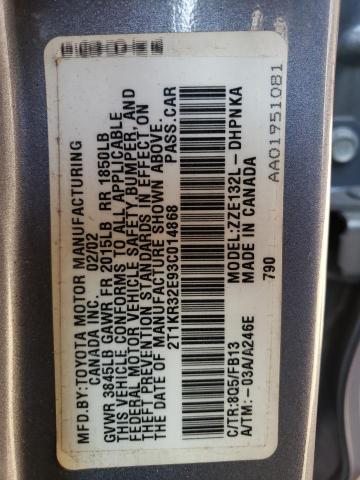 2T1KR32E93C014868 - 2003 TOYOTA COROLLA MA XR TURQUOISE photo 12