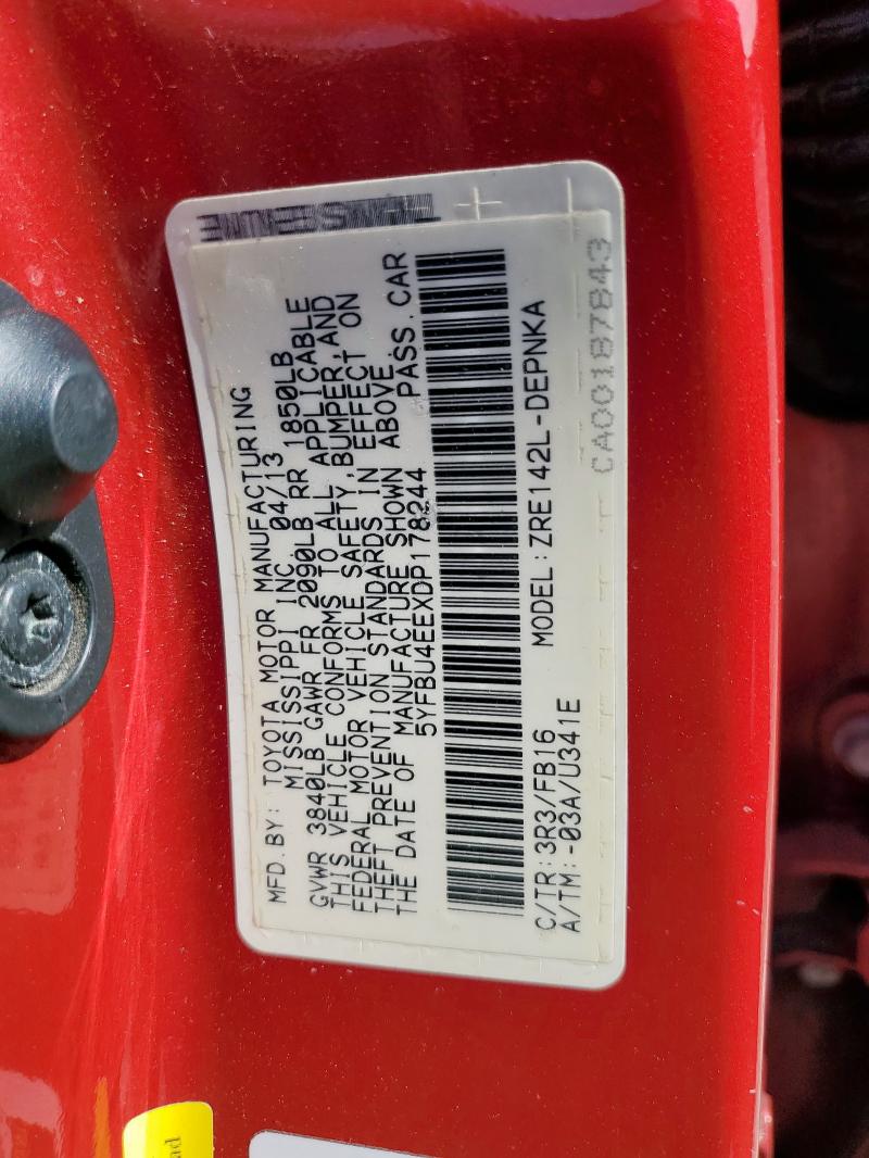 5YFBU4EEXDP178244 - 2013 TOYOTA COROLLA BASE Қызыл фото 13