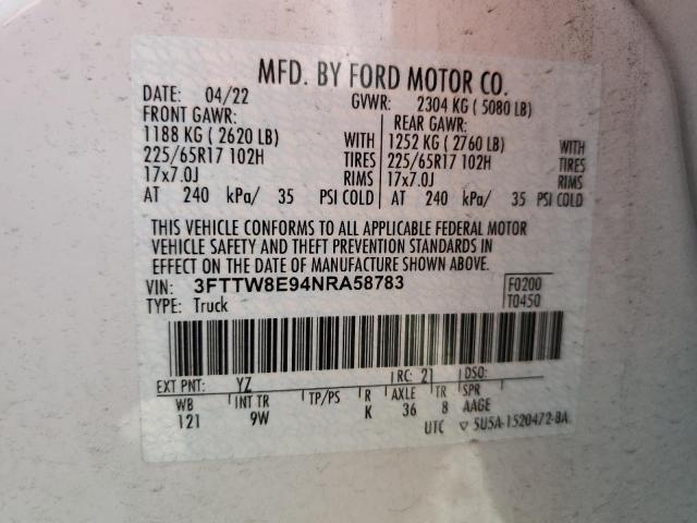 3FTTW8E94NRA58783 - 2022 FORD MAVERICK XL WHITE photo 12