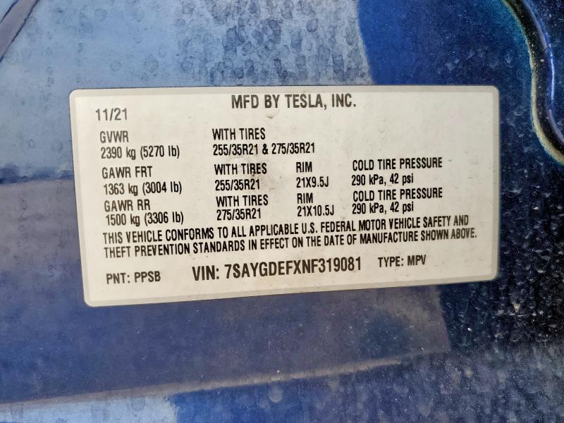7SAYGDEFXNF319081 - 2022 TESLA MODEL Y 蓝色 照片 12