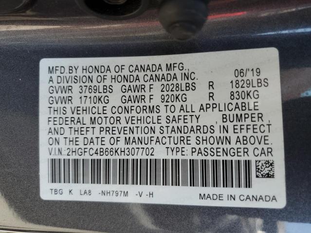 2HGFC4B66KH307702 - 2019 HONDA CIVIC LX GRAY photo 12