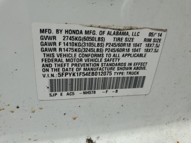5FPYK1F54EB012075 - 2014 HONDA RIDGELINE RTL WHITE photo 12