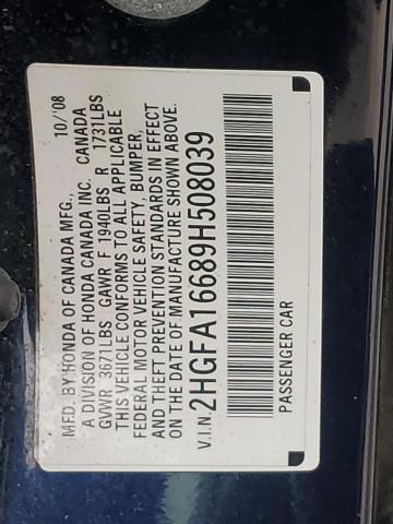 2HGFA16689H508039 - 2009 HONDA CIVIC LX-S 蓝色 照片 12