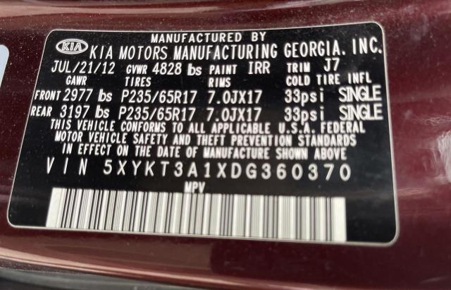 5XYKT3A1XDG360370 - 2013 KIA SORENTO LX BURGUNDY photo 10