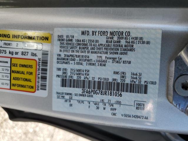 3FA6P0G78JR181056 - 2018 FORD FUSION S SILVER photo 12