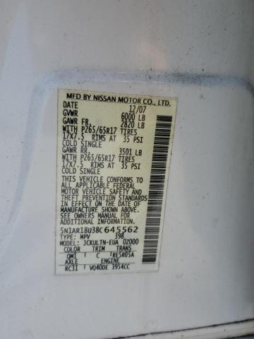 5N1AR18U38C645562 - 2008 NISSAN PATHFINDER S WHITE photo 13