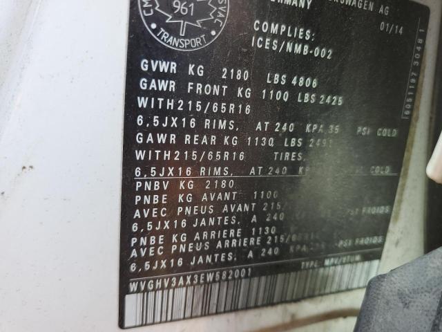 WVGHV3AX3EW582001 - 2014 VOLKSWAGEN TIGUAN S WHITE photo 14