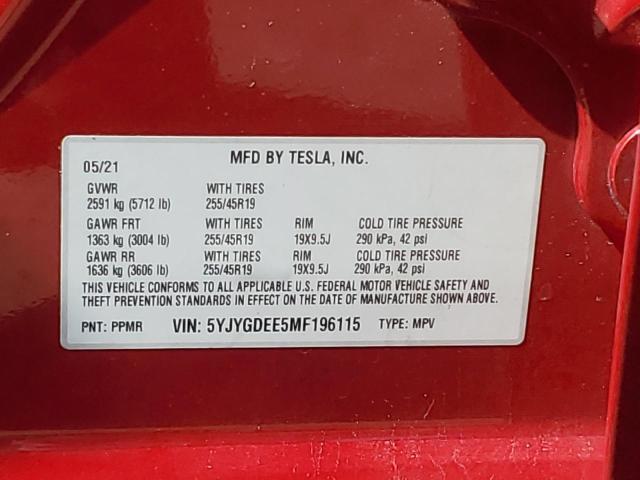 5YJYGDEE5MF196115 - 2021 TESLA MODEL Y RED photo 12