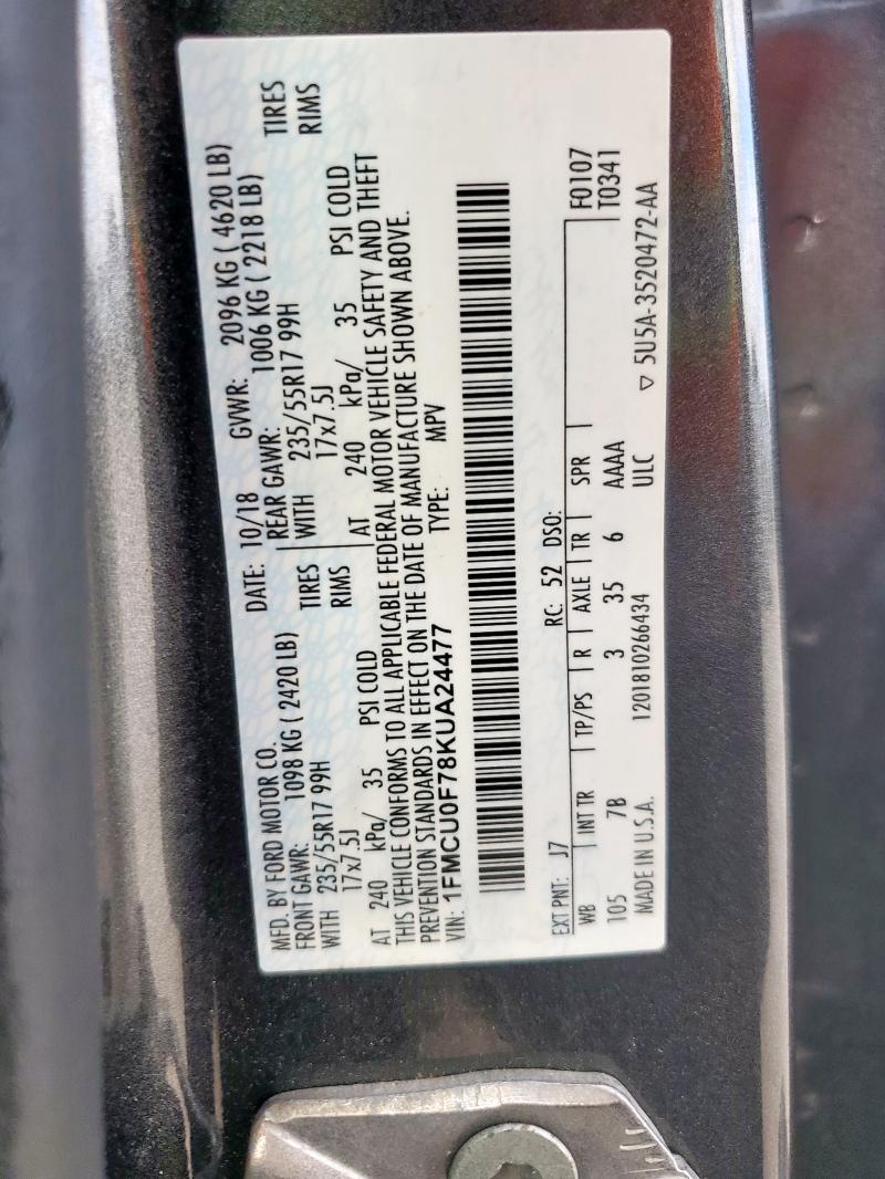 1FMCU0F78KUA24477 - 2019 FORD ESCAPE S GRAY photo 12