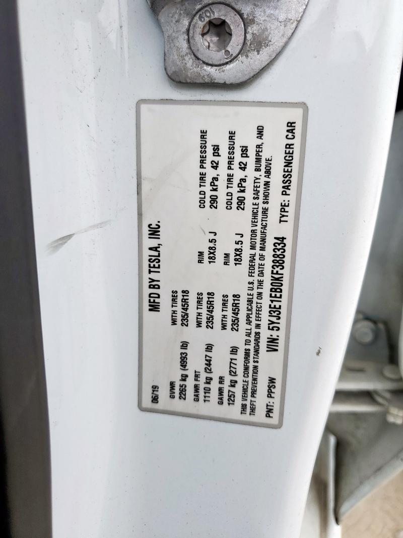 5YJ3E1EB0KF388334 - 2019 TESLA MODEL 3 Ağ foto 12