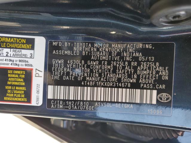 4T4BF1FKXDR314678 - 2013 TOYOTA CAMRY L BLACK photo 12