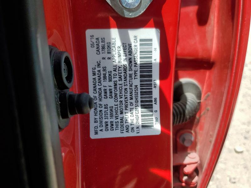 2HGFC2F51GH552534 - 2016 HONDA CIVIC LX RED photo 13