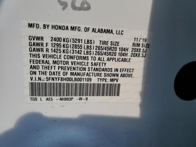 5FNYF8H00LB001109 - 2020 HONDA PASSPORT ELITE WHITE photo 14