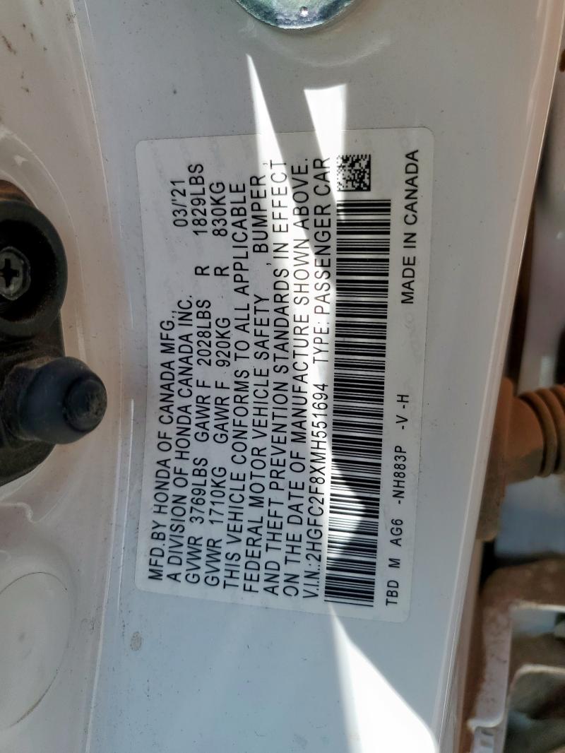 2HGFC2F8XMH551694 - 2021 HONDA CIVIC SPORT 白色 照片 12