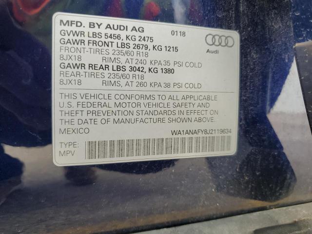 WA1ANAFY8J2119634 - 2018 AUDI Q5 PREMIUM 蓝色 照片 12