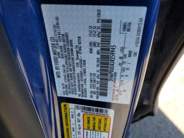 3FA6P0UUXJR259945 - 2018 FORD FUSION S HYBRID BLUE photo 10