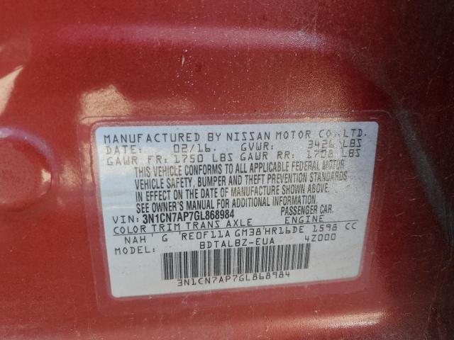 3N1CN7AP7GL868984 - 2016 NISSAN VERSA S RED photo 12