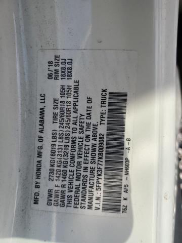 5FPYK3F77KB009082 - 2019 HONDA RIDGELINE RTL Ақ фото 12