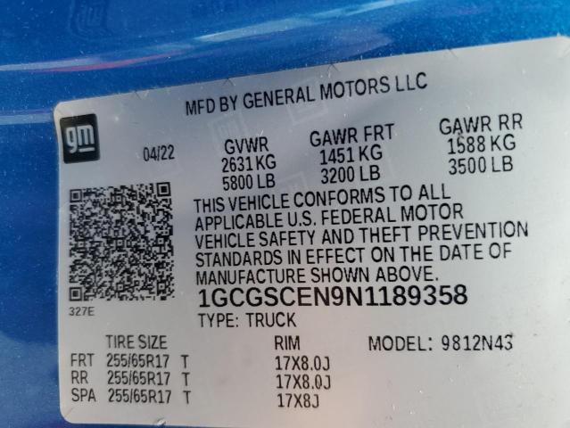 1GCGSCEN9N1189358 - 2022 CHEVROLET COLORADO LT BLUE photo 12